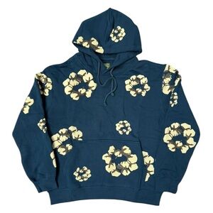 Denim Tears Cotton Wreath All-Over Print Hoodie – Navy Blue – Size Medium –